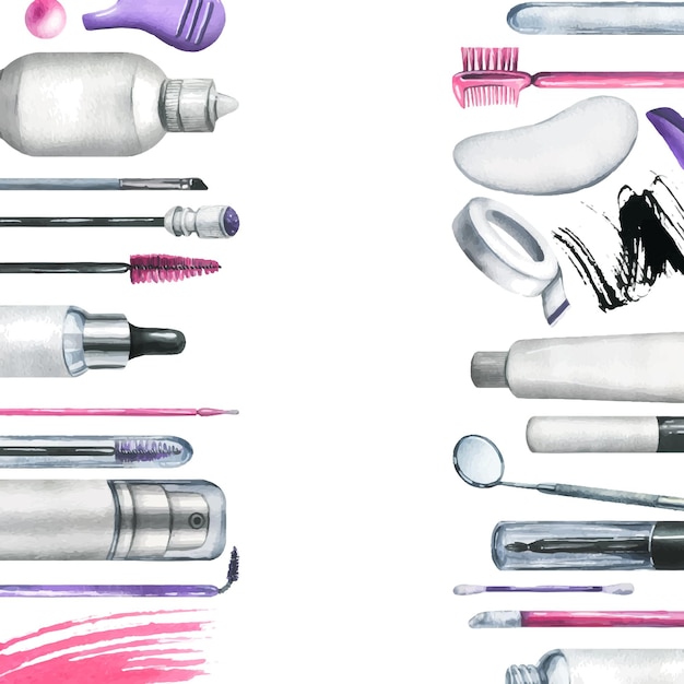 Vector tools and cosmetics for the master of eyelash and eyebrow extension and lamination watercolor