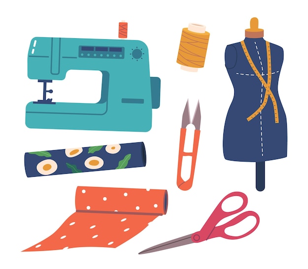 Vector tools for crafting accessories and sewing dress includes wire cutters scissors thread dummy sewing machine