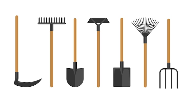 Tools for cultivating the soil and harvesting in the garden Set of flat icons