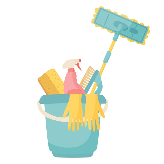 Tools and detergents for cleaning on bucket.