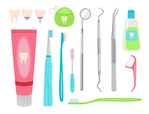 치과 치료 및 구강 위생을 위한 도구 세트. 치과 장비의 벡터 일러스트입니다. 만화 치아 칫 솔 임플란트 치약 치실 흰색 절연. 구강, 치과, 의학 개념