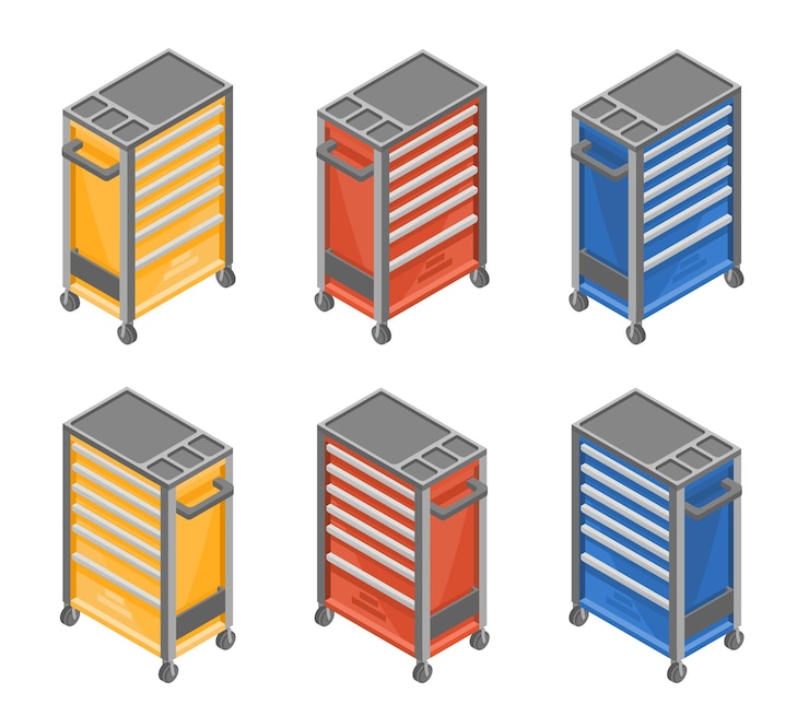 Vector tools garage cabinets red blue yellow color set illustration isometric isolated vector