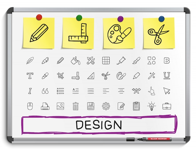 инструменты ручной рисунок линии иконы. набор пиктограмм каракули, эскиз знак иллюстрации на белой маркерной доске с бумажными наклейками. палитра, волшебная кисть, карандаш, пипетка, ведро, клип, сетка, жирный.
