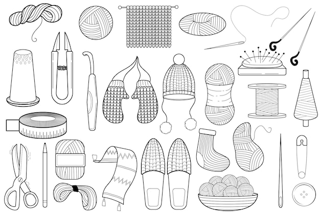 tools for knitting and sewing doodle line art accessories for needlework