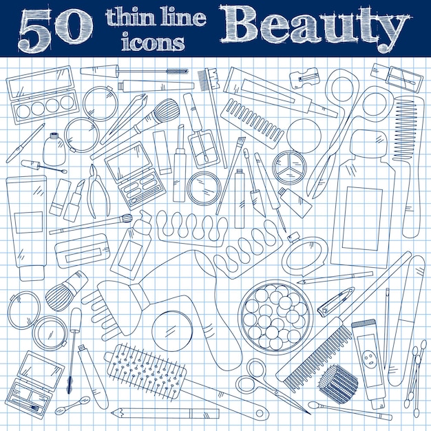 Vector tools for makeup set of 50 cosmetic icons in thin line on noteboook