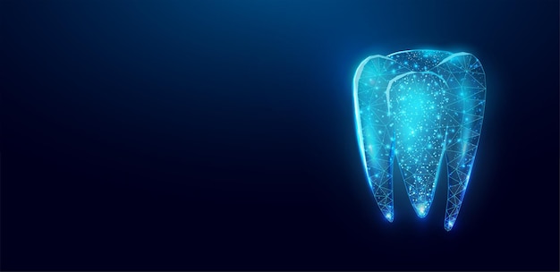 Зуб абстрактная проволочная рама в стиле низкого поли баннер стоматологические услуги лечение зубов стоматологическая помощь концепция стоматологии темно-голубой фон векторная иллюстрация