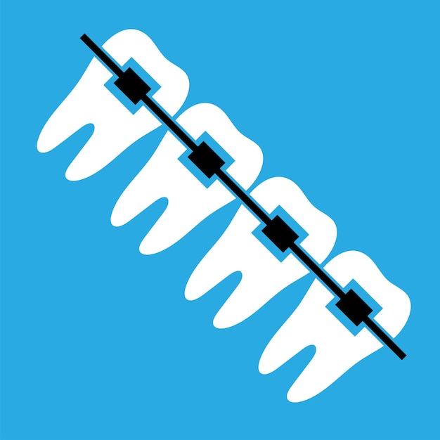 Зубные брекеты. Даже белые здоровые зубы в брекетах. Плоский значок на синем фоне