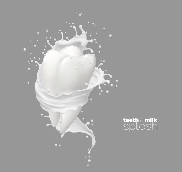 Tooth calcium nutrition with white milk or yogurt dairy swirl splash with splatters Dental health vector concept with healthy tooth in fresh natural milk or cream splash falling drops frozen motion