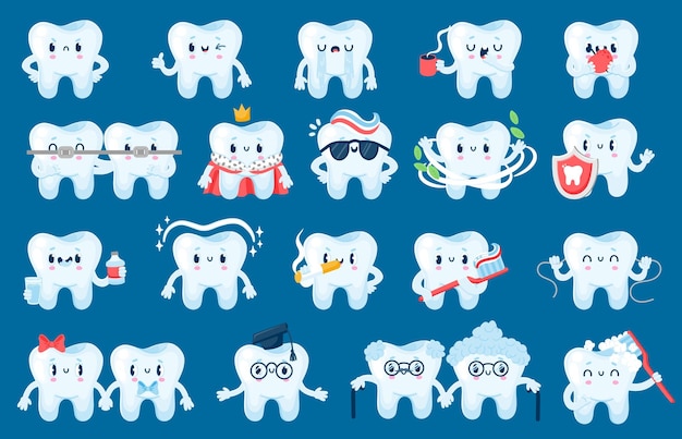 Tooth care character cute cartoon teeth with happy faces for dental health posters and banners vector funny tooth mascot with toothbrush and dental floss isolated set