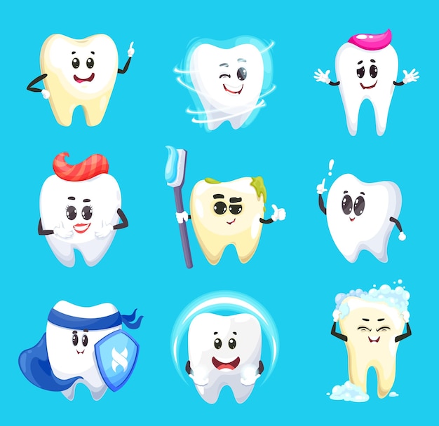 Tooth cartoon characters vector dental hygiene