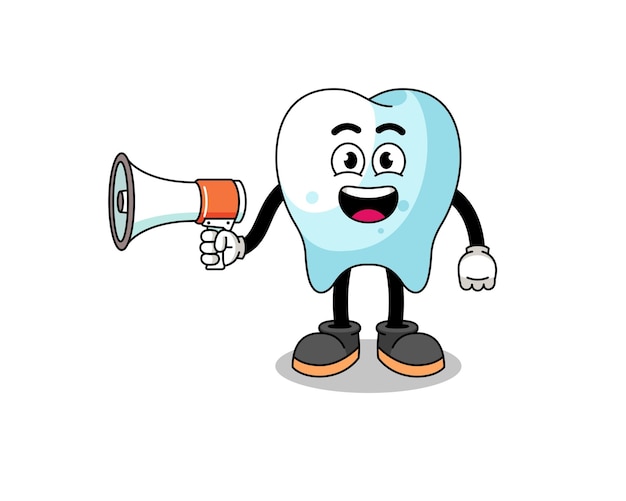 Vector tooth cartoon illustration holding megaphone