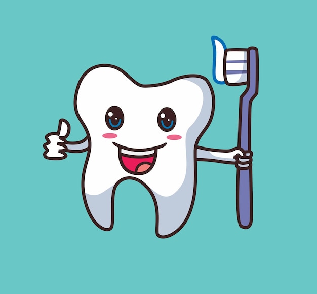 Tooth character holding toothbrush cartoon illustration