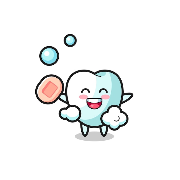 Tooth character is bathing while holding soap