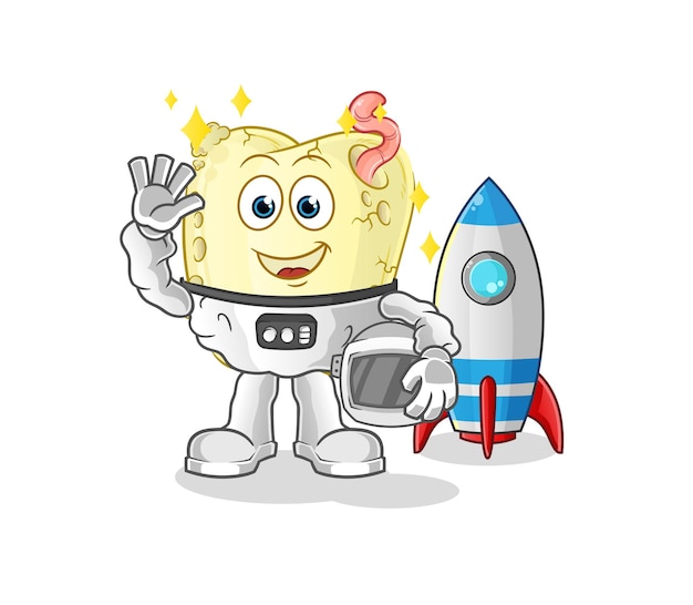 Tooth decay astronaut waving character. cartoon mascot vector