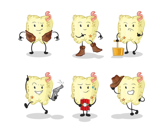 Tooth decay cowboy group character. cartoon mascot vector