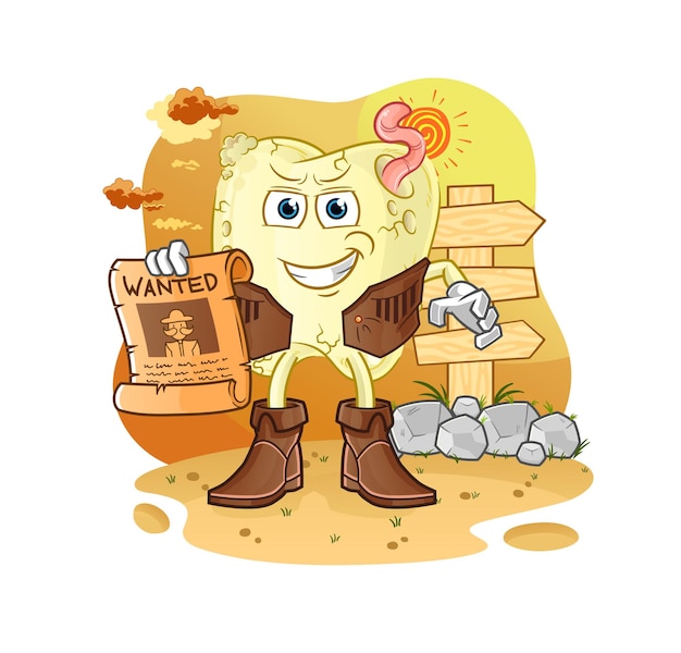 Tooth decay cowboy with wanted paper. cartoon mascot vector