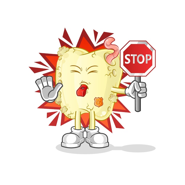 Carie dentaria tenendo il segnale di stop. vettore della mascotte del fumetto