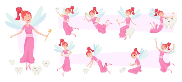 Tooth fairy characters Female fairytale princess cute little girl holding magic wand and tooth exact vector illustrations set of mascot in action poses