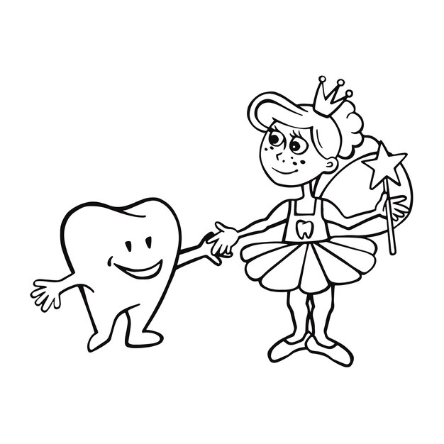 Vector tooth fairy making friends with tooth character vector illustration