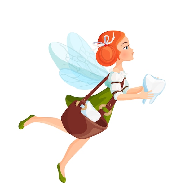 Tooth fairy with transparent wings in green dress. Redhead pretty fairy-tale lady carry teeth in bag and flies isolated realistic flat  .