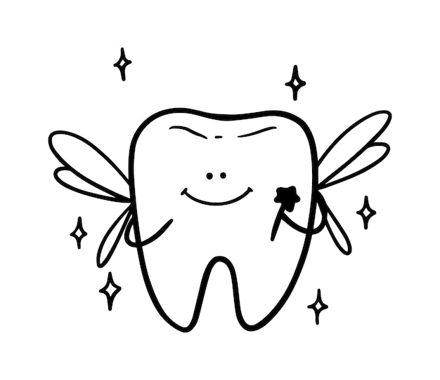 Tooth fairy with wings and magic wand smile mystical magic character doodle linear cartoon coloring