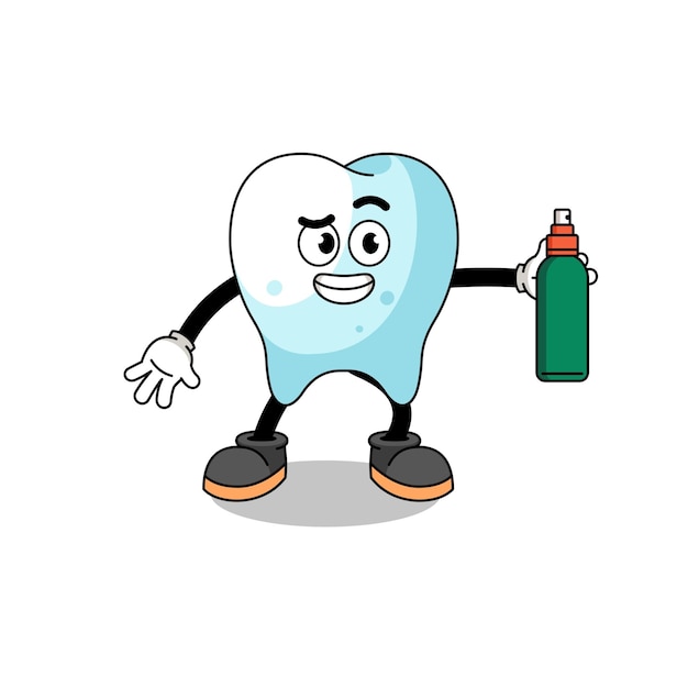 Tooth illustration cartoon holding mosquito repellent