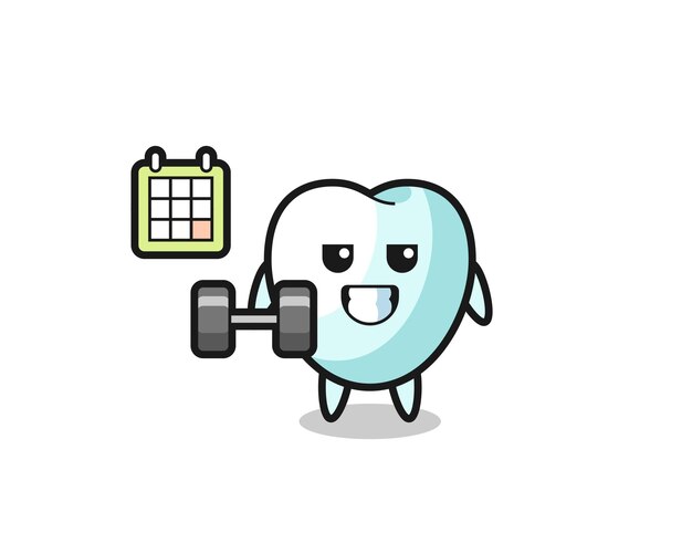 Tooth mascot cartoon doing fitness with dumbbell