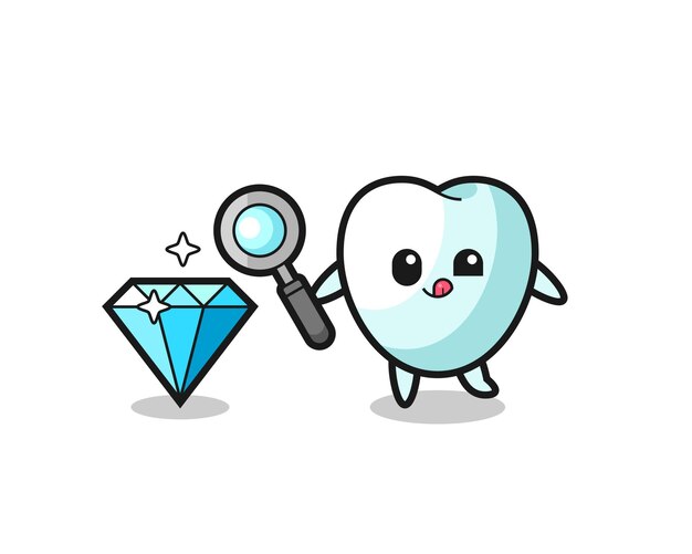 Tooth mascot is checking the authenticity of a diamond