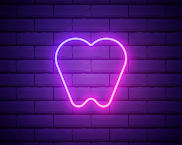 Tooth neon icon sign for dentistry clinic orthodontics concept glowing icon isolated on brick wall background