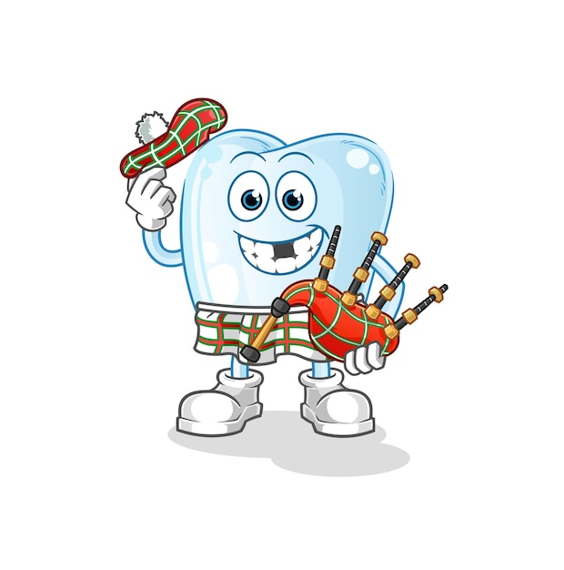 Vector tooth scottish with bagpipes vector cartoon character