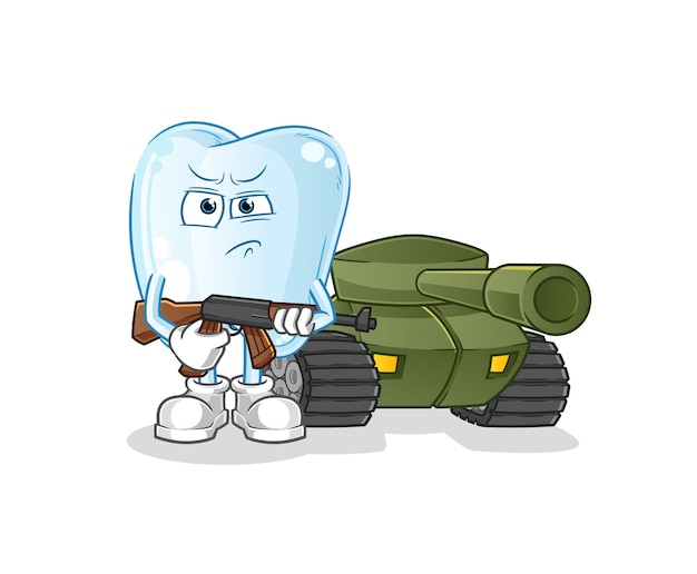 Tooth soldier with tank character. cartoon mascot vector