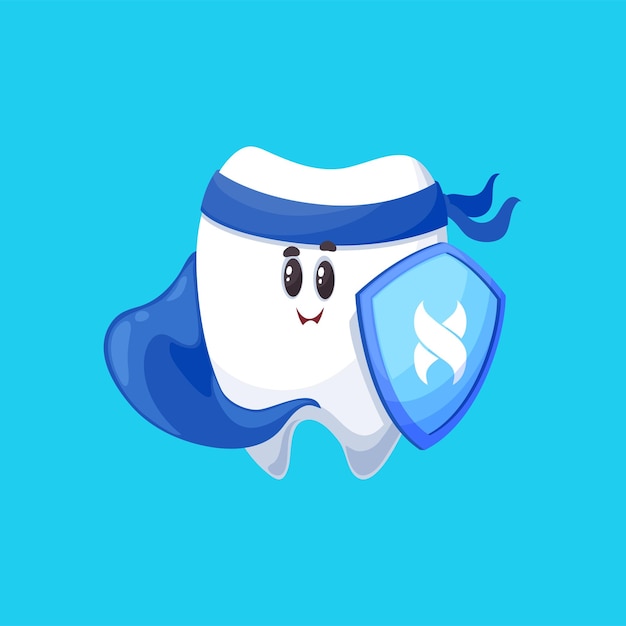 Vector tooth superhero in cape and shield dentistry sign