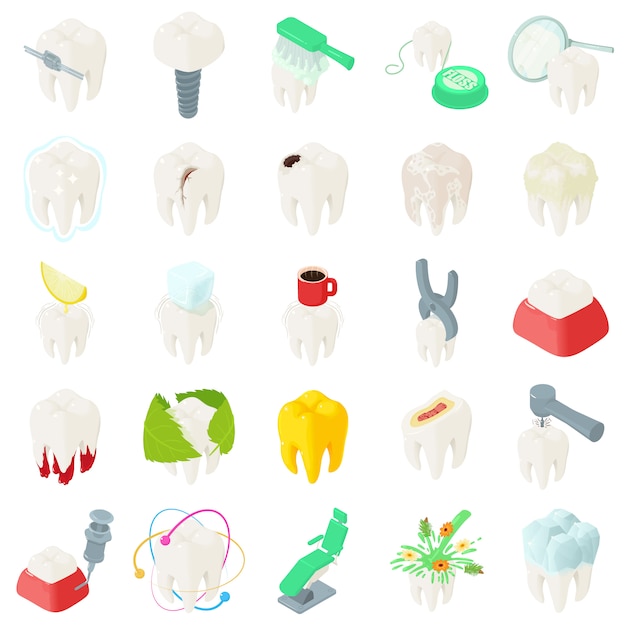 Set di icone del dentista denti dente. illustrazione isometrica di 25 denti denti dentista icone vettoriali per il web