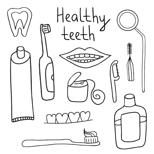 Tooth, teeth hand drawn icons set. Oral hygiene, healthy teeth. Doodle illustration for printing, greeting cards, posters, stickers, textile and seasonal design. Isolated on white background.