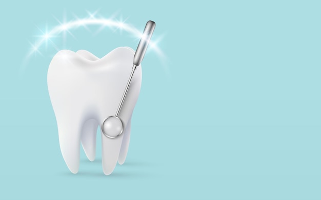 tooth white 3d illustration of a tooth healthy glowing tooth shield around white tooth with dental mirrow dental care protection and whitening vector illustration