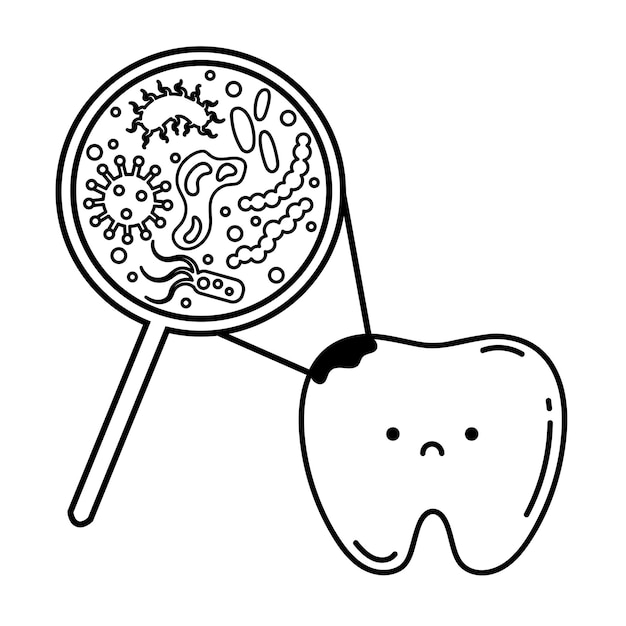 Tooth with caries and a magnifying glass with microbes microbes under a magnifying glass in a tooth