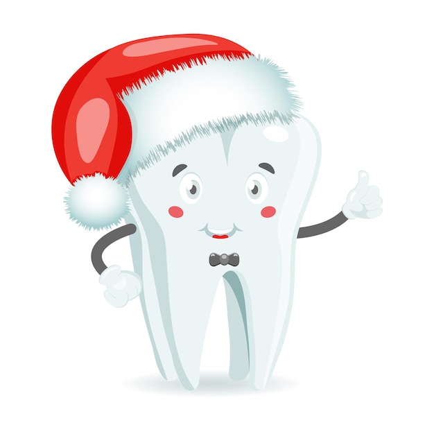 Tooth with eyes in a red Santa Claus hat on a white background. Christmas vector dental illustrations in cartoon style.