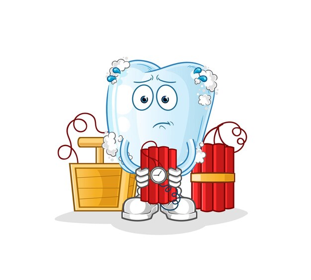 Tooth with foam holding dynamite character. cartoon mascot vector