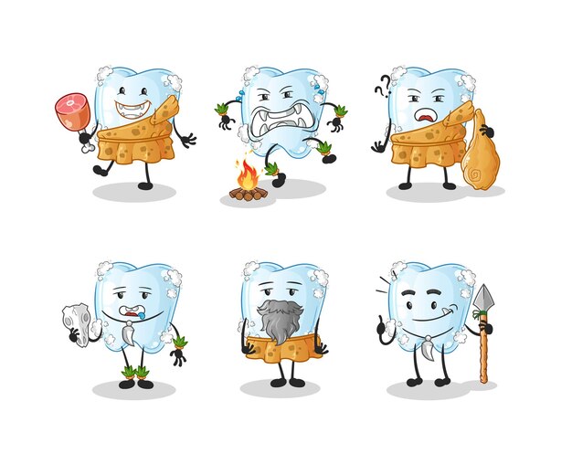 Tooth with foam primitive man group character mascot vector