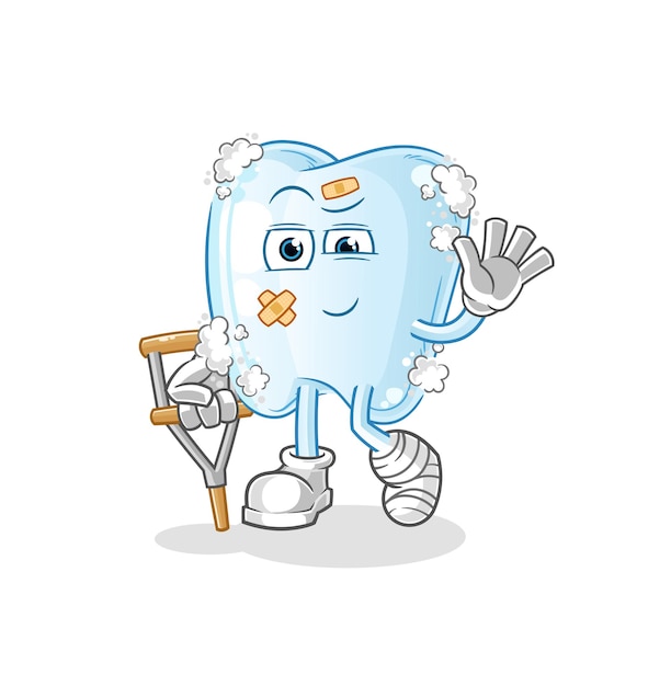 Tooth with foam sick with limping stick. cartoon mascot vector