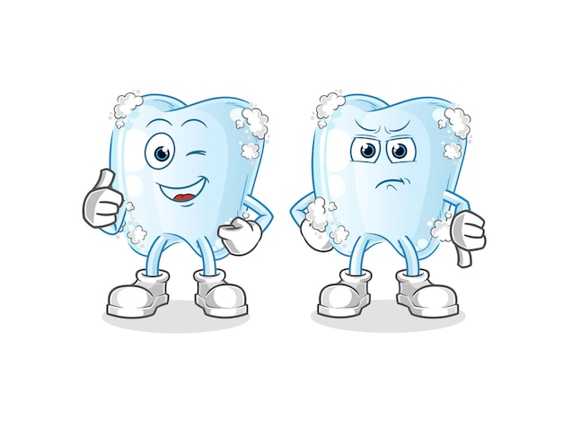 Tooth with foam thumbs up and thumbs down. cartoon mascot vector