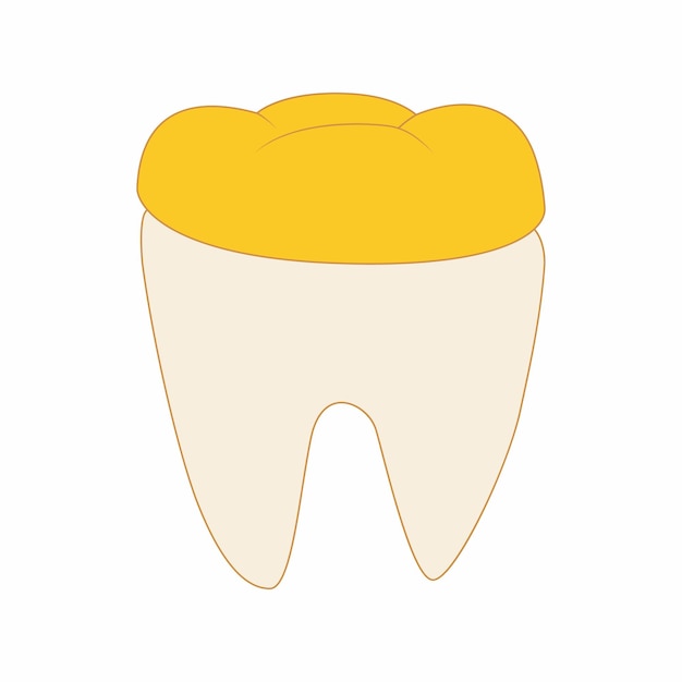 Vettore dente con icona di corona dentale dorata in stile cartone animato su sfondo bianco