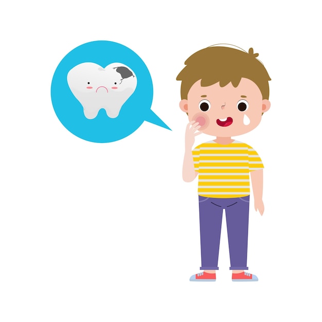 Vettore mal di denti bambino simpatico cartone animato piatto stile isolato su sfondo bianco illustrazione vettoriale