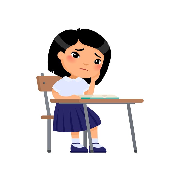 Vector toothache concept little girl in school uniform holds a hand on a cheek  unhappy asian schoolgirl