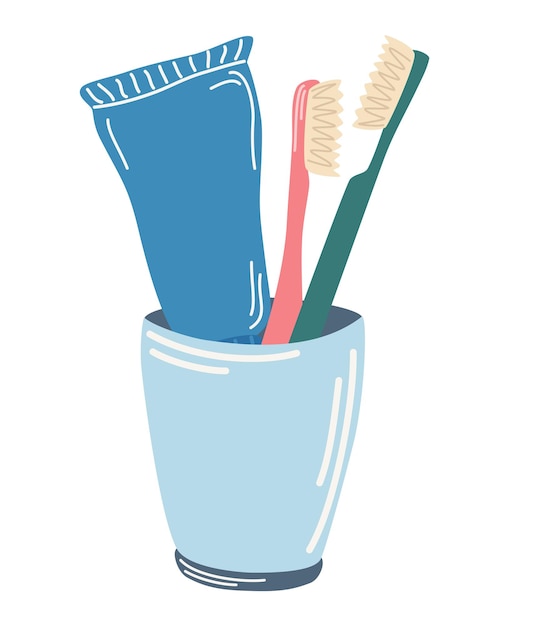ベクトル ガラスの歯ブラシと歯磨き粉歯をきれいにするための製品歯科および口腔ケア抽象的な概念子供のための歯磨きの指示印刷と小冊子ベクトル漫画イラスト