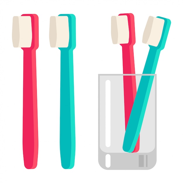 Toothbrush in glass cup vector cartoon flat illustration isolated on a white background.