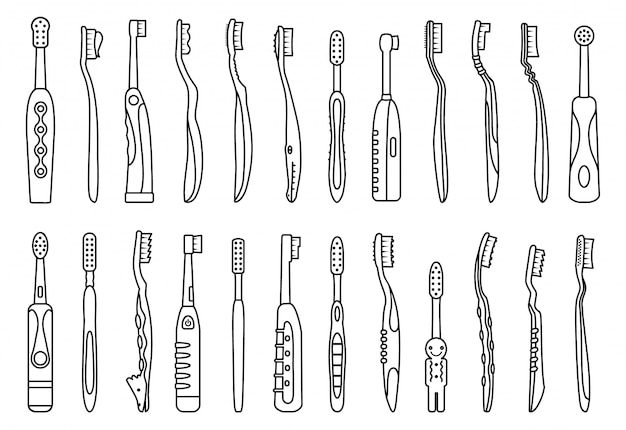 歯ブラシ線図。歯科用ブラシのアイコンを設定します。衛生口腔用イラスト歯ブラシ。ラインは、アイコン歯科用ブラシを設定します。