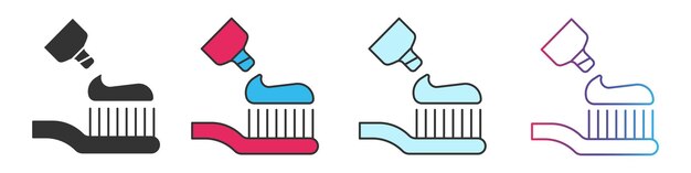 Toothbrush and toothpaste different style icons set Outline and filled vector sign