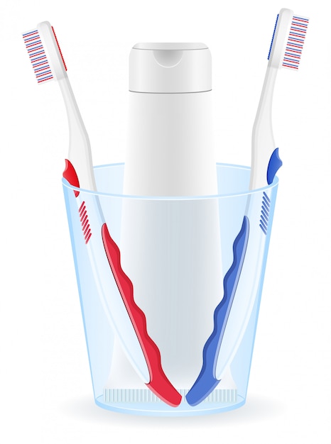 Vettore spazzolino da denti e dentifricio in un'illustrazione di vettore di vetro