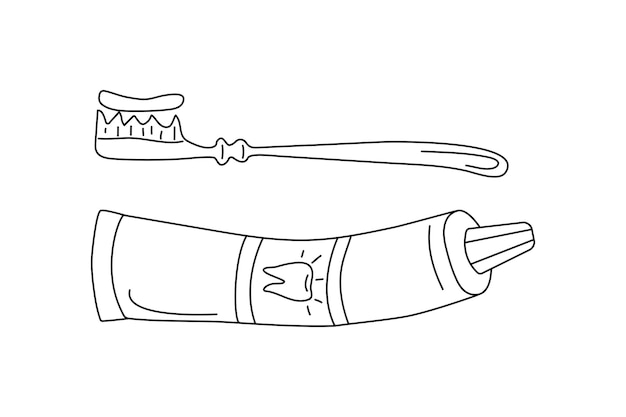 Toothbrush tube toothpaste drawing linear doodle icon dentistry teeth cleaning dental health hygiene